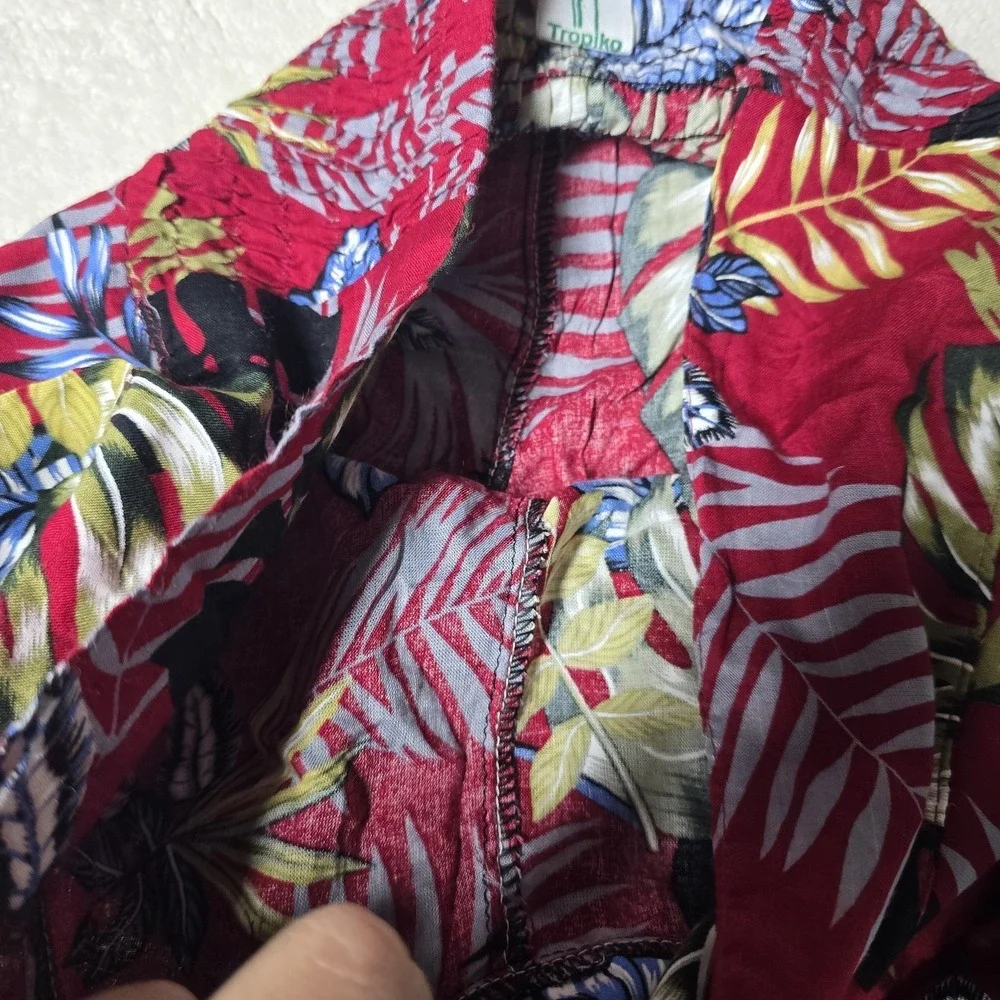 Tropiko Women's Wide Leg Split Pants‎ Red Tropical Floral Print Boho Summer S,M